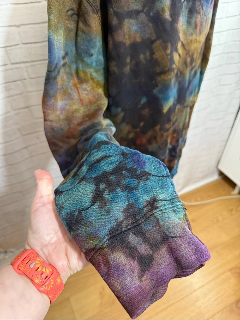 Upcycled Ice Dye Men’s Fleece Pullover, Chaps Brand, Reverse Tie Dye, Large Blue